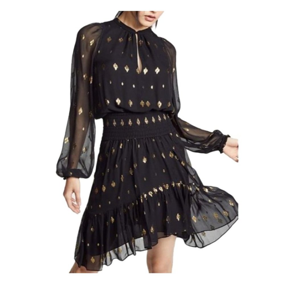 A.L.C. Black Gold Alc Sidney Black/Gold Chiffon Cocktail Dress Size 6